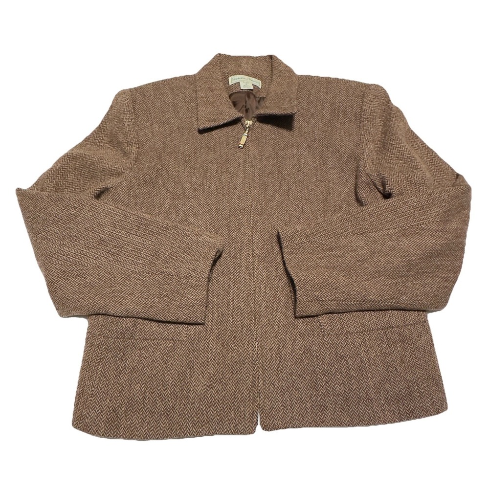 Stephanie Andrews Wool Blend Brown Jacket Zip Up Herringbone Classic Career 8P